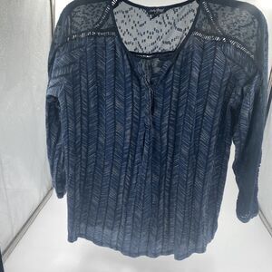 LUCKY BRAND Top Shirt Women's Medium Blue Sheer Detail 3/4 Sleeve